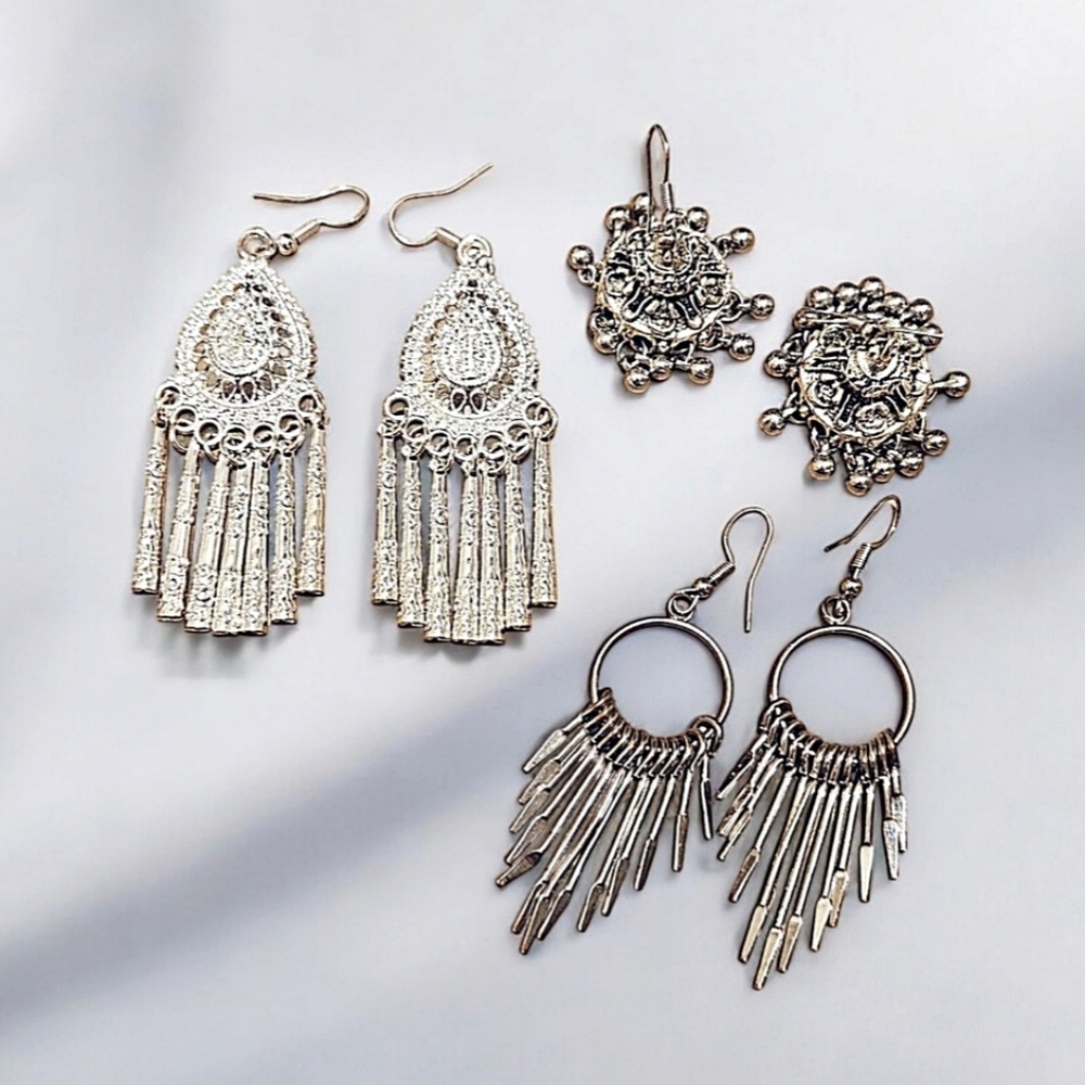 Silvertone Costume Jewelry Three Pairs of Dangle Earrings